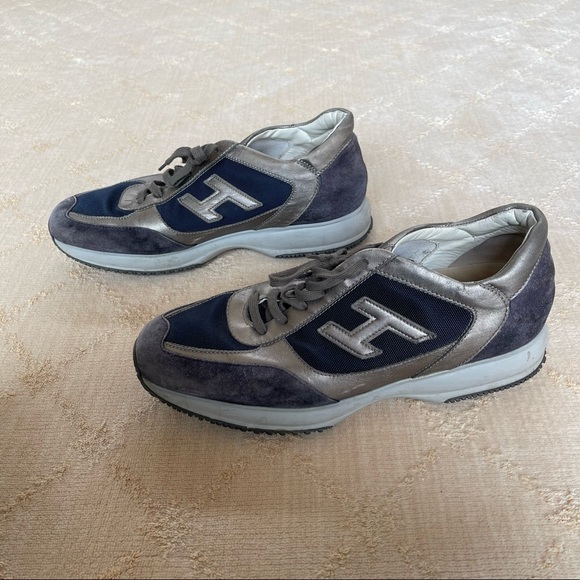 Hogan Men’s Lace Up Silver and Navy Suede Sneakers